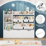 FACBOTALL Toy Storage Organizer with 3 Movable Drawers, Bookshelf and Bookcase with 6 Plastic Bins & 2 Storage Cubbies, Toy Chest with Hidden Wheels, Toy Storage Box for Playroom, School, White