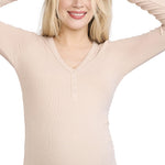 Motherhood Maternity Women's Long Sleeve V-Neck Side Ruched Henley Pregnancy Tee Shirt, Moonlight, Large
