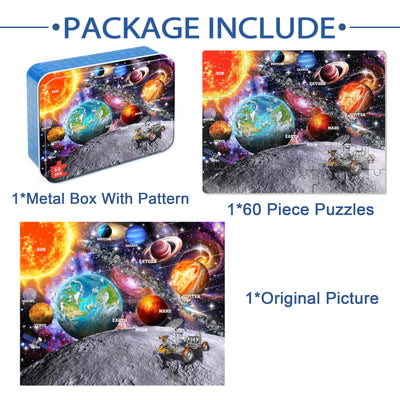 LELEMON Puzzles for Kids Ages 4-6, Space Puzzle 60 Piece Puzzles for Kids in a Metal Box, Educational Kids Puzzles Jigsaw Puzzles Childrens Puzzle Games Puzzle Toys for Girls and Boys