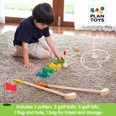 PlanToys® Mini Golf Set for Kids | Eco-Friendly Wooden Golf Game with 2 Putters, 2 Golf Balls, 3 Obstacles, Target Goal & Travel Bag | Perfect for Indoor & Outdoor Play