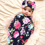 Galabloomer Receiving Blanket Headband Set Flower Print Baby Swaddle Receiving Blankets… (Navy Blue Rose)