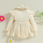 ZAXARRA Infant Baby Girl Romper Dress Baby Dress Romper Flowers Lace Fall Winter Clothes with Headband (Khaki, 0-3 Months)