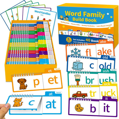 Educational word family building book set with flashcards and books.