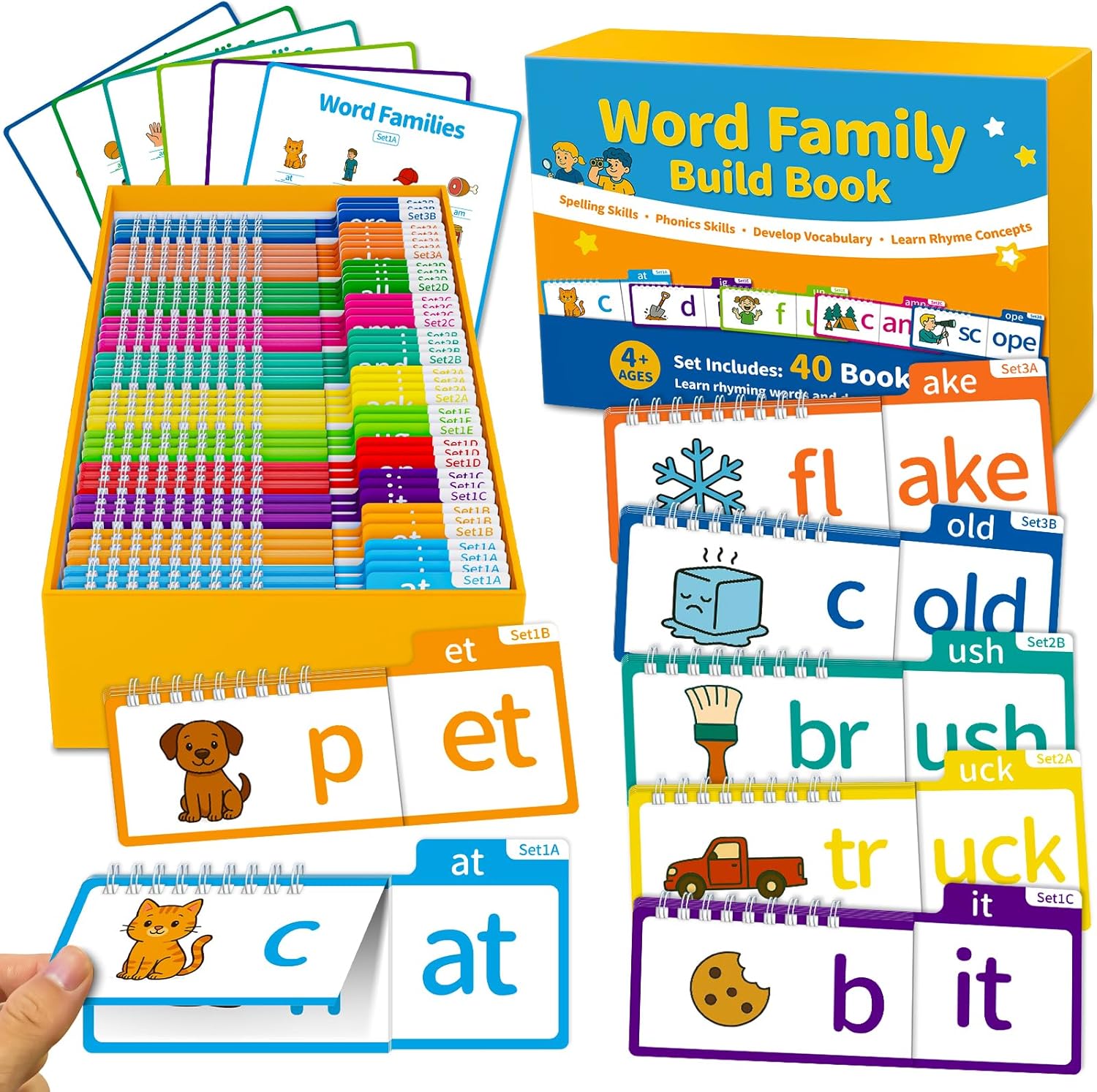 Word Family Build Book, 40 Read & Rhyme Flip Activity Books, Learn to Read Phonics Flash Cards for Preschool/Kindergarten, 1st-3rd Grade Kids, Ages 4-8 Homeschool Educational Learning Tools
