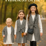 PATPAT Girls Spring Fall Outfit – Ribbed Knit Dress with Classic Plaid Cardigan – School & Photo Day Clothes, White Houndstooth, 5–6 Years