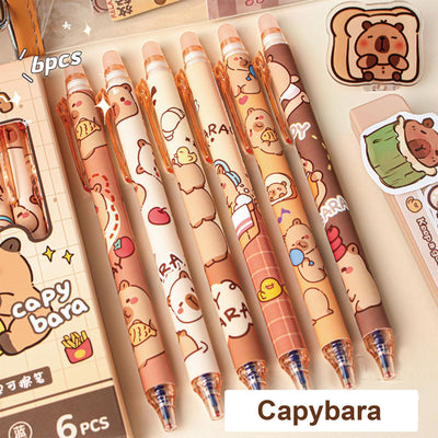 MOZXIRZ 6 Pcs Cute Erasable Retractable Pens Erasable Gel Ink Pens Cartoon Capybara Pen 0.5mm Fine Point Blue Ink Pen Cartoon Writing Pen Office School Pens Women Girls Boys (Blue Ink-Capybara)