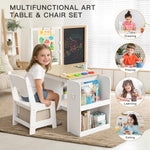 Frogprin 3 in 1 Kids Art Table and Chair Set, Easel Table for Kids, Toddler Craft and Play Wood Activity Desk with Adjustable Double-Sided Magnetic Easel, Paper Roll, Storage Box, Book Shelves