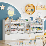 FACBOTALL Toy Storage Organizer with 3 Movable Drawers, Bookshelf and Bookcase with 6 Plastic Bins & 2 Storage Cubbies, Toy Chest with Hidden Wheels, Toy Storage Box for Playroom, School, White