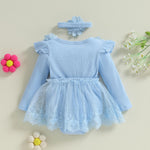 ZAXARRA Infant Baby Girl Romper Dress Baby Dress Romper Flowers Lace Fall Winter Clothes with Headband (Blue, 3-6 Months)