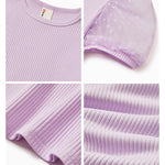 PATPAT Girls Puff Sleeve Top Size 10-11 Ribbed Short Sleeve Purple Mesh Blouse Girls Purple Dress Shirt Cute Preppy Clothes Kids Smocked Blouse Tunic Tops