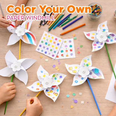 4E's Novelty 24 Pack DIY Pinwheels Craft for Kids, Bulk Summer Pinwheel Craft Kit, Color Your Own Paper Windmill for Pinwheels for Kids Bulk Spring Craft for Kids Easter Art Games