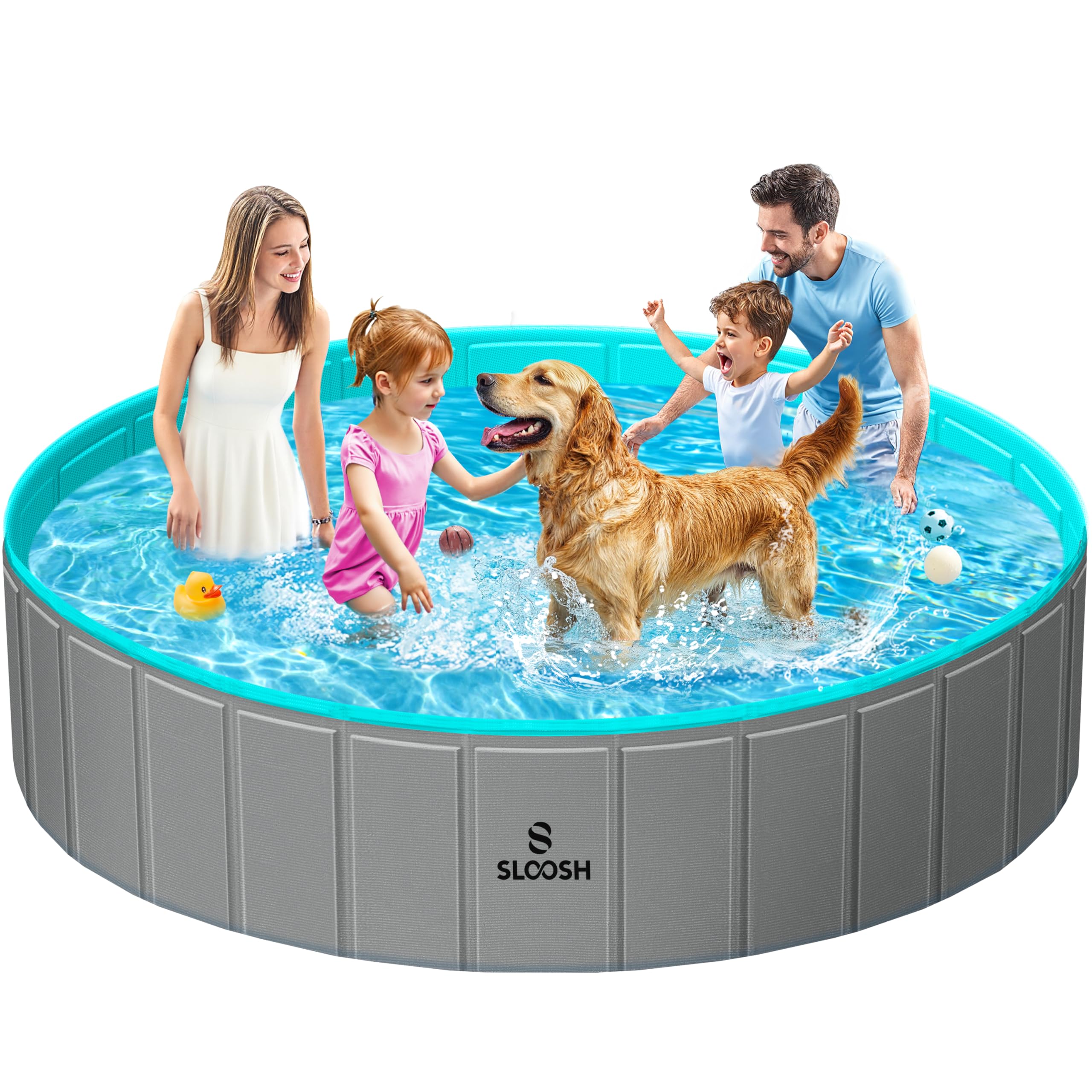 Sloosh Foldable Dog Kiddie Pool - Portable Hard Plastic Doggie Swimming Pool, Anti-Slip Collapsible Pets Bath Tub Suitable for Kids Indoor Outdoor Backyard Use (71" x 12", Blue)