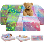 Lamerge Toddler Couch Glow in The Dark Toddler Fold Out Couch for playroom, Convertible Baby Fold Out Play Foam and Floor Cushion for Bedroom (Rainbow+Unicorn)