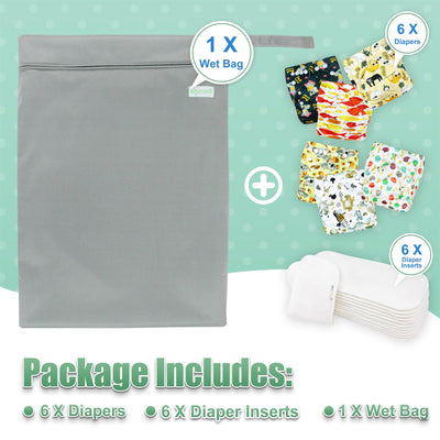 wegreeco Cloth Diapers 6 Pack with 6 Inserts & 1 Wet Bag, Washable Cloth Diapers for Babies, One Size Adjustable Reusable (Animal World)