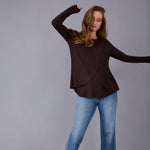 Motherhood Maternity Women's Long Sleeve Scoop Neck Tulip Nursing Tee Shirt for Breastfeeding with Easy Access, Chocolate Tort, Large