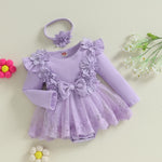 ZAXARRA Infant Baby Girl Romper Dress Baby Dress Romper Flowers Lace Fall Winter Clothes with Headband (Purple, 6-9 Months)