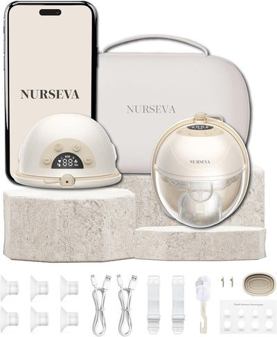 Nurseva skincare device set with phone, case, and accessories on a white background