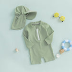 Gueuusu Baby Boys Girls Swimsuit One Piece Striped Zipper Bathing Suit Rash Guard Long Sleeve Seersucker Swimwear Sunsuit (Green, 12-18 Months)