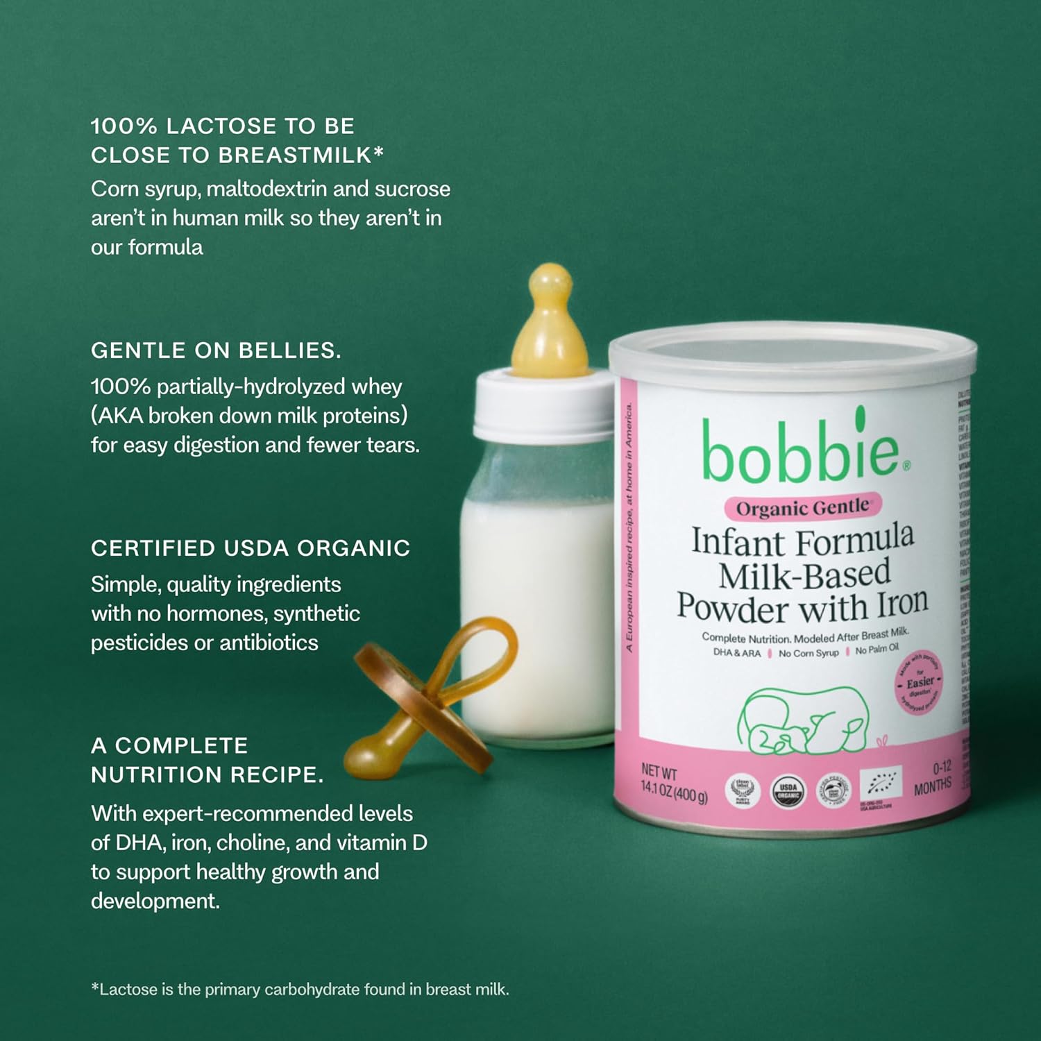 Bobbie Organic Gentle Infant Formula, Milk Based Powder with Iron, DHA, Vitamin D & 100% Lactose Like Breast Milk, For Fusiness, Crying & Digestive Health, Newborn Baby-12 Months Old, 14.1 oz, 1 Pack