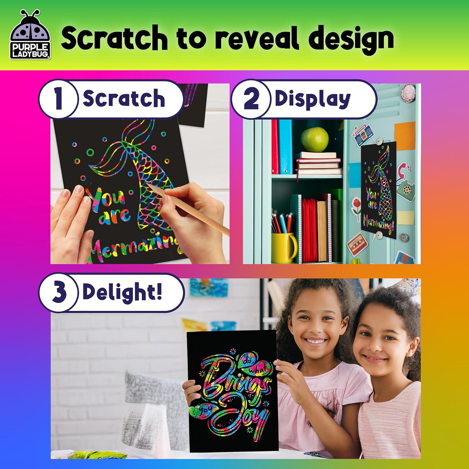PURPLE LADYBUG Rainbow Scratch Art Paper, 79 PCS Creative Drawing Paper & Stencils - Arts and Crafts for Ages 4-12, Kids Craft Activity Set for Summer, Wedding, Travel, Birthday Party Games, Camping