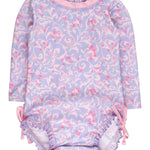 RuffleButts Baby Girls UPF 50+ Sun Protection Floral Printed Long Sleeve One Piece Rash Guard Swimsuit with Zipper - Lavender Floral Princess, 3-6 Months