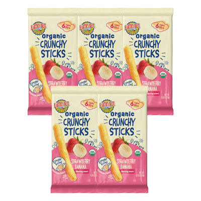 Multiple packages of Organic Crunchy Sticks with strawberry and banana flavors on a white background