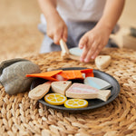 PlanToys® Wooden Pretend Play Seafood Platter Food Toy for Kids | Includes Fish, Prawn, Oyster, Knives & More | Montessori Role Play Kitchen Toy for Imaginative Learning