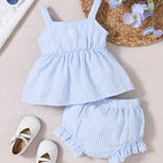 AuralBabe 6-12 Months Baby Girl Clothes 1Years Infant Girl Summer Outfits Cute Ruffle Bow Sleeveless Tops Shorts Set Blue Stripe 2Pcs for 9-12 Months Girls Clothes
