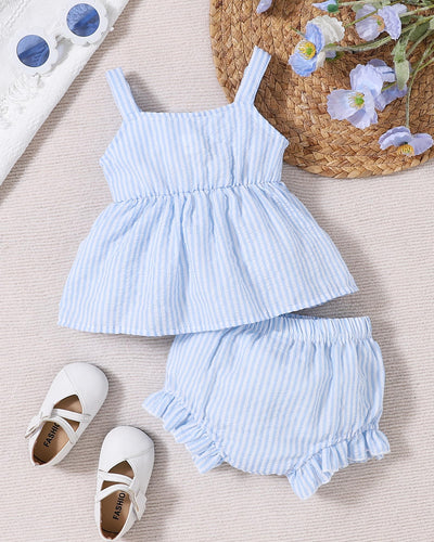 AuralBabe 6-12 Months Baby Girl Clothes 1Years Infant Girl Summer Outfits Cute Ruffle Bow Sleeveless Tops Shorts Set Blue Stripe 2Pcs for 9-12 Months Girls Clothes