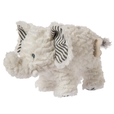Plush rhino toy with striped ears on a white background