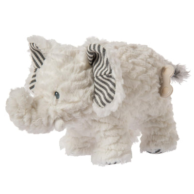 Plush rhino toy with striped ears on a white background