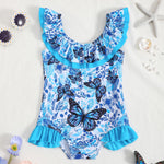 Kucnuzki Baby Girl Bathing Suit One Piece Swimsuit Blue Butterfly Bikini Set Baby 4T 5T Swimsuit Girls Toddler Ruffled Sleeveless Bathing Suits for Kids