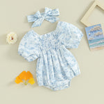 MERSARIPHY Baby Summer Clothes Newborn Infant Girl Smocked Pleated Romper Bubble Short Sleeve Bodysuit Outfits(Blue floral,0-3 Months)