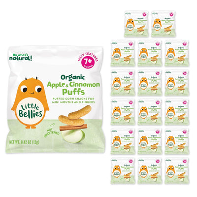 Packaging of Little Bellies Organic Apple & Cinnamon Puffs with multiple smaller packages displayed.