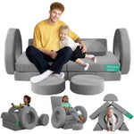 Frolic & Fun 16Pcs Modular Kids Play Couch for Toddlers, Fold Out Kids Couch Building Fort for Playroom Bedroom, Kid Convertible Explorer Sofa Cushions for Boys & Girls Grey