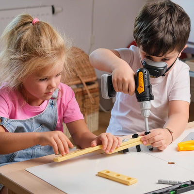 Kids Tool Set with Carrying Case, Electronic Toy Drill with Bits & Construction Vest – Pretend Play Kit with Safety Googles, Gas Shield, Tape Measure, Saw, Bubble Level, Screwdriver, Nuts & Bolts