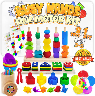 Colorful fine motor kit with various educational toys for ages 3-5, featuring the brand 'Busy Hands'.