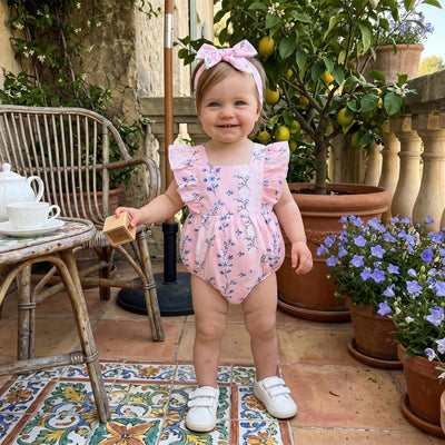 Rtnnsbbfcm Infant Baby Girl Summer Clothes Floral Print Bubble Romper Sleeveless Ruffle Bodysuit Newborn Girls Outfits (Floral Pink, 0-3 Months)