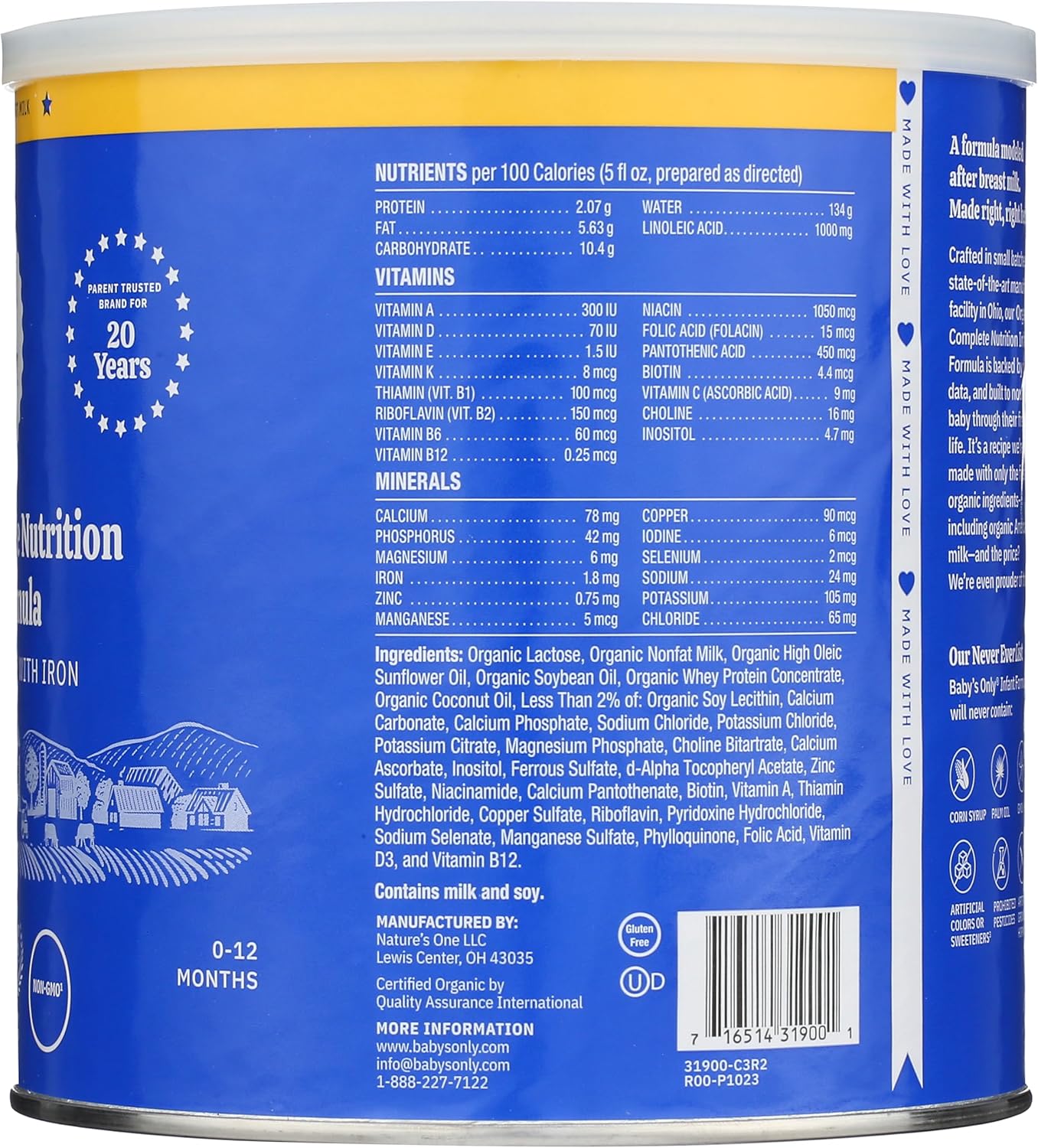 Baby's Only Organic Complete Nutrition Infant Formula, Milk Based Powder with Iron, Modeled After Breast Milk, Newborn to 12 Months Old, 21 oz, 1 Pack