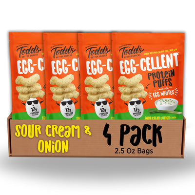 Pack of Todd's Egg-Cel lent Protein Puffs in Sour Cream & Onion flavor on a white background