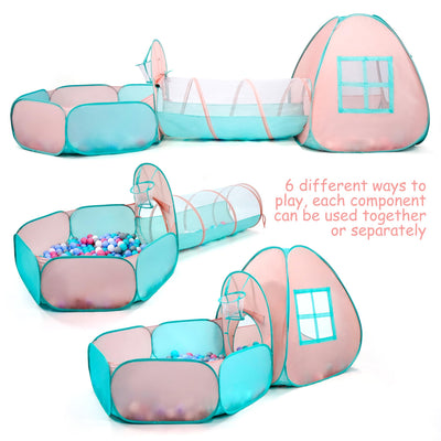 3 in 1 Pop Up Kids Play Tent with Tunnel and Ball Pit for Kids, Boys, Girls, Babies and Toddlers, Indoor/Outdoor Playhouse,Orange Pink/Light Green