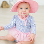 RuffleButts Baby Girls UPF 50+ Sun Protection Tulle Skirted Long Sleeve One Piece Rash Guard Swimsuit - Periwinkle Blue Seersucker, 12-18m