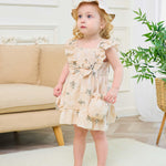 Renotemy Baby Girl Summer Dress Infant Boho Outfits Beige Casual Floral Sundress with Hat and Bag Sleeveless Party Beach Vintage Dresses Baby Girl Clothes 6-9 Months 12 Months