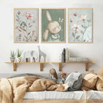 3Pcs Nursery Bunny Wall Art Cute Rabbit Botanical Flowers Wall Decor Green Nursery Pictures Posters Girl Bedroom Canvas Prints for Girls Room Baby Room Paintings Unframed