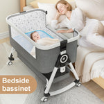 3 in 1 Baby Bassinet,Bedside Sleeper with Storage Basket and Wheels,Portable Baby Crib with Mosquito Net, 6 Adjustable Height & Breathable Mesh,Easy to Fold (White&Grey)