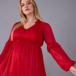 Motherhood Maternity Women's Long Sleeve V-Neck Tiered Maxi Pregnancy Dress with Drawstring, Barbados Cherry, Large