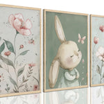 3Pcs Nursery Bunny Wall Art Cute Rabbit Botanical Flowers Wall Decor Green Nursery Pictures Posters Girl Bedroom Canvas Prints for Girls Room Baby Room Paintings Unframed