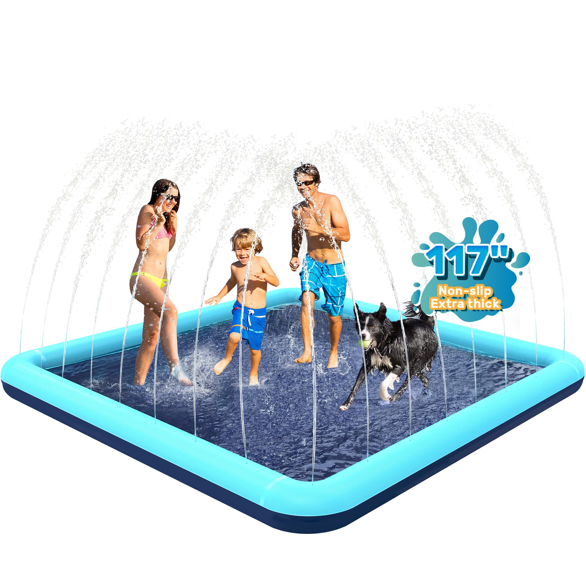97'' Splash Pad for Dogs, Non-Slip Sprinkler for Kids, Square Splash Pad for Kids Ages 4-8, Splash Pads for Toddlers 1-3, Dog Sprinkler Shallow Pool, Outdoor Water Toys for Backyard, Teal