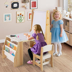 Costzon Kids Art Table and Chair Set, 4 in 1 Wooden Easel Activity Desk Set w/Whiteboard, Blackboard, Paper Roll, 2 Open Shelves & 2-Tier Bookshelf, Toddler Table and Chair for Drawing (Natural)