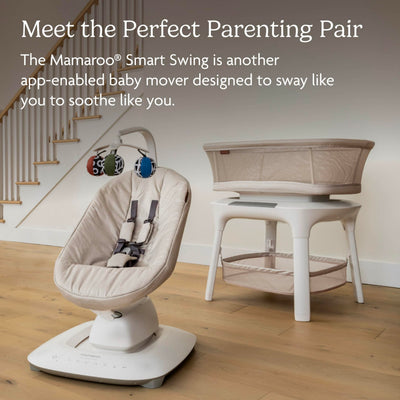 UPPAbaby Soma Smart Bassinet – 5 motions + 5 speeds + 4 Sounds with MotionSync Technology – Height Adjustable – Included Mattress, Sheet + Storage Basket – Charlie (Sand Mélange)